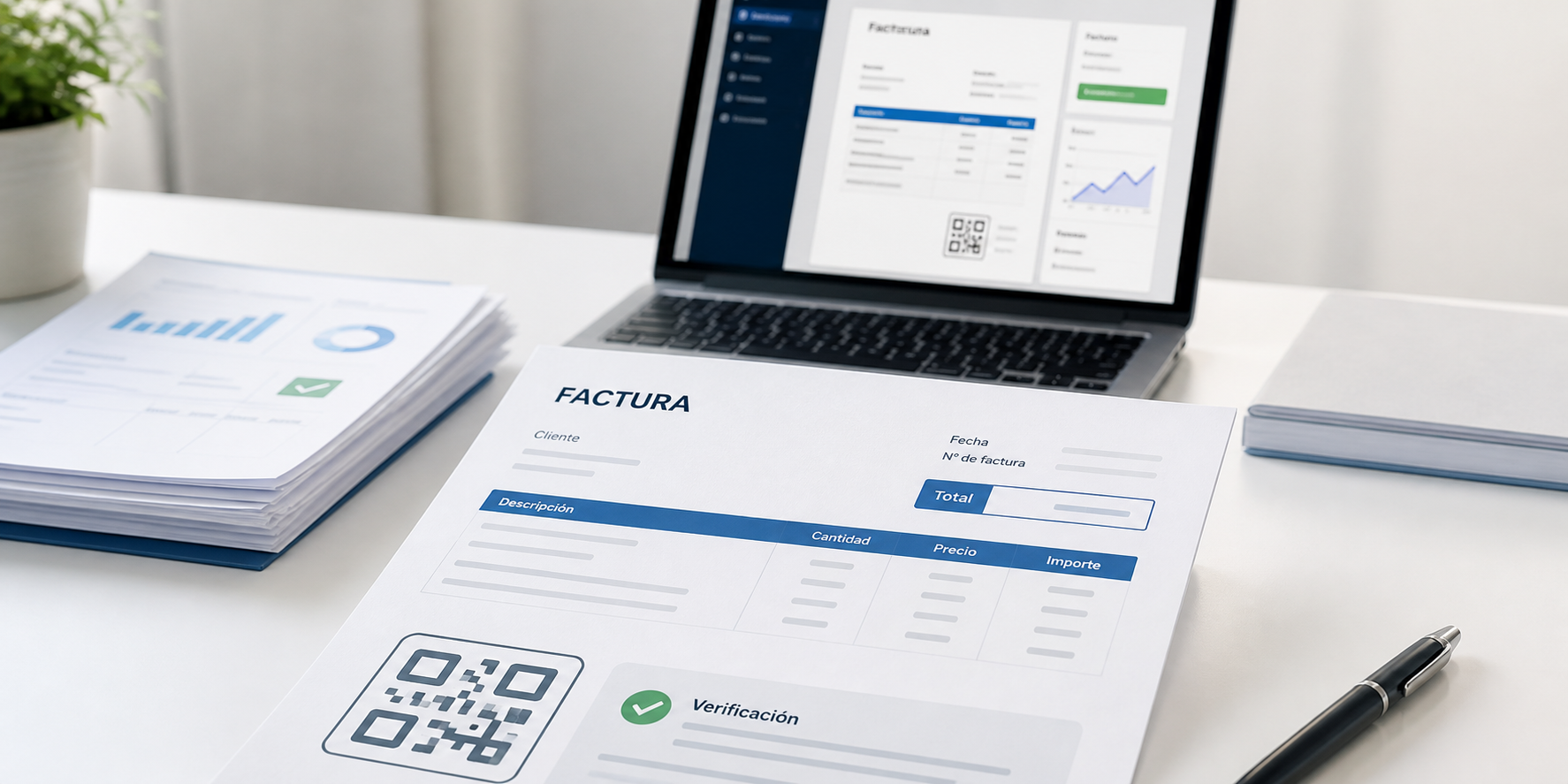 Factura profesional con código QR abstracto y vista previa en un portátil