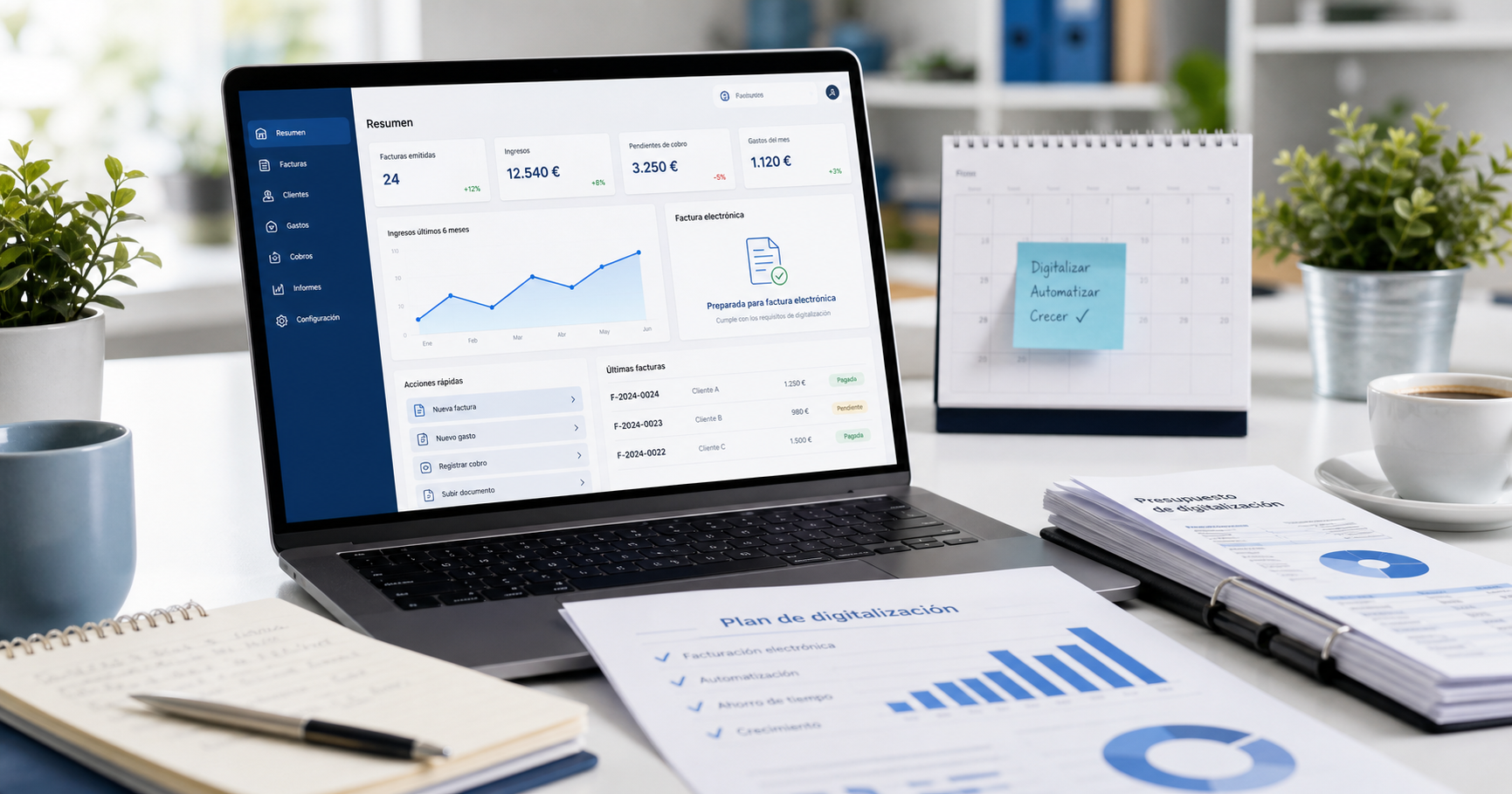 Espacio de trabajo digital con panel de facturación electrónica para autónomos y microempresas