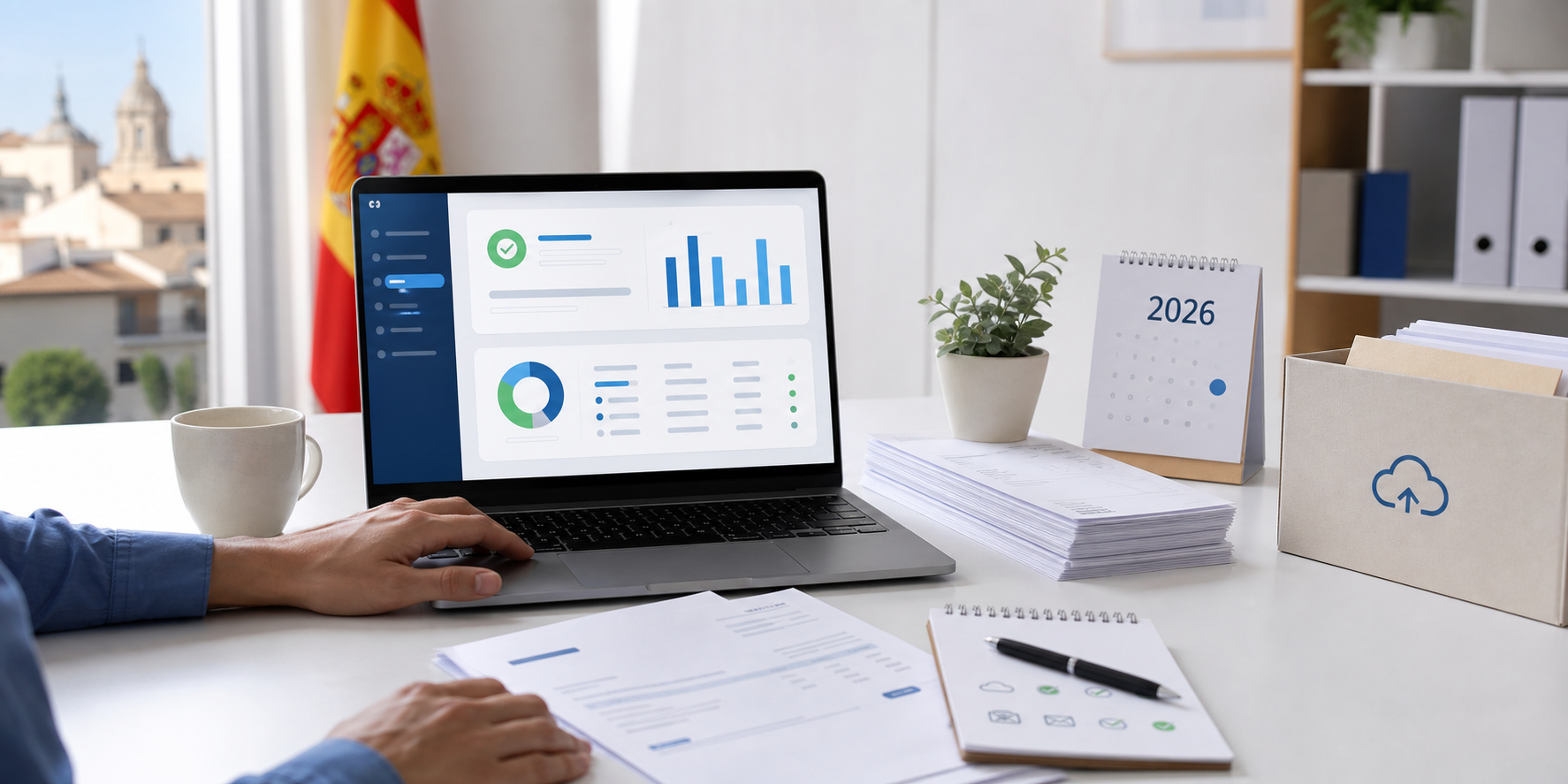 Programa de facturación en un portátil con calendario 2026 y documentos fiscales sobre una mesa limpia