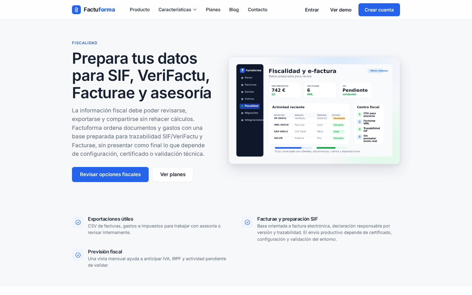 Pantalla de Factuforma con previsión fiscal, Facturae, registros VeriFactu y salud del sistema.