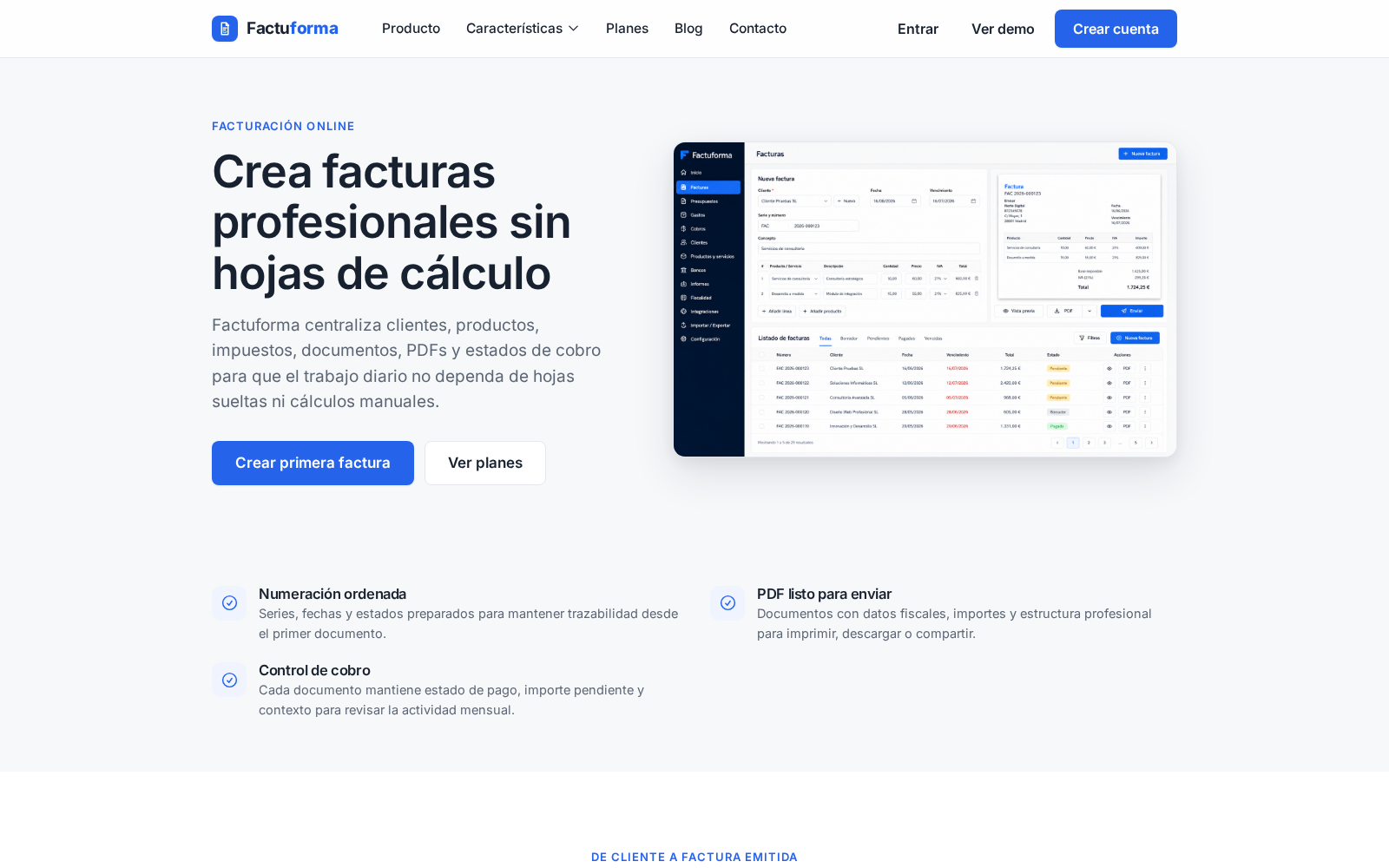 Pantalla de Factuforma para crear facturas, revisar totales, PDF y estado de cobro.