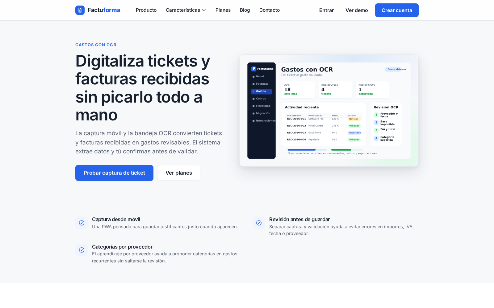 Pantalla de Factuforma para revisar gastos OCR, proveedor, IVA, total y duplicados.