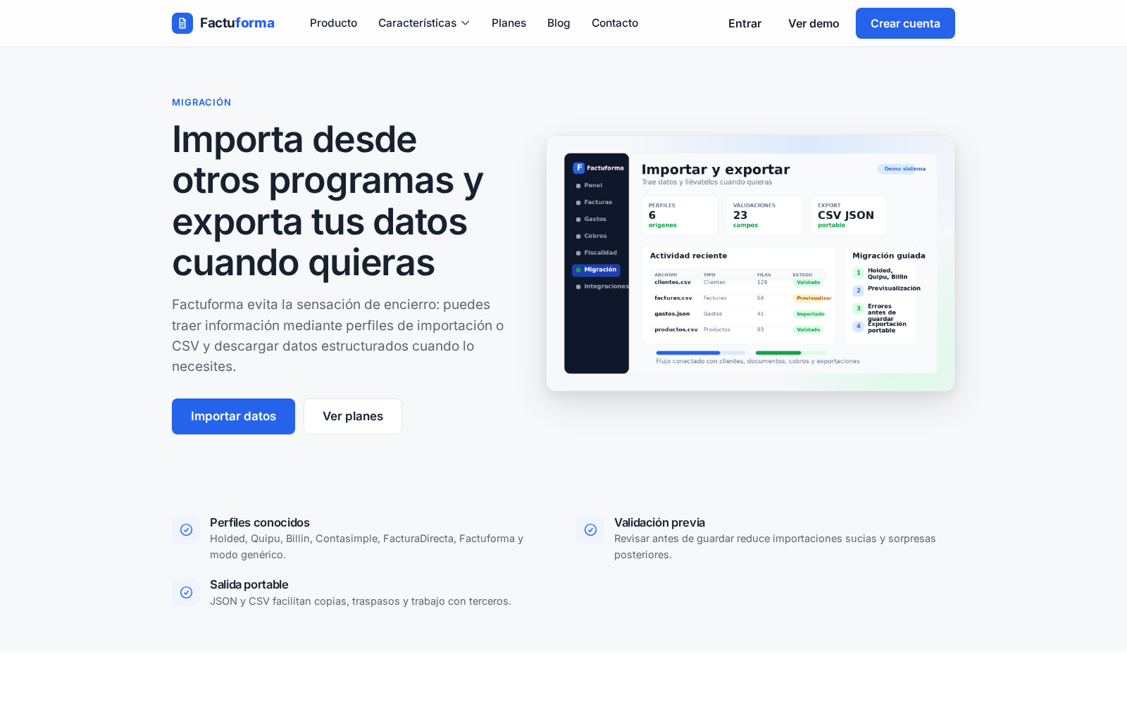 Pantalla de Factuforma para importar CSV o JSON, previsualizar columnas y exportar datos.