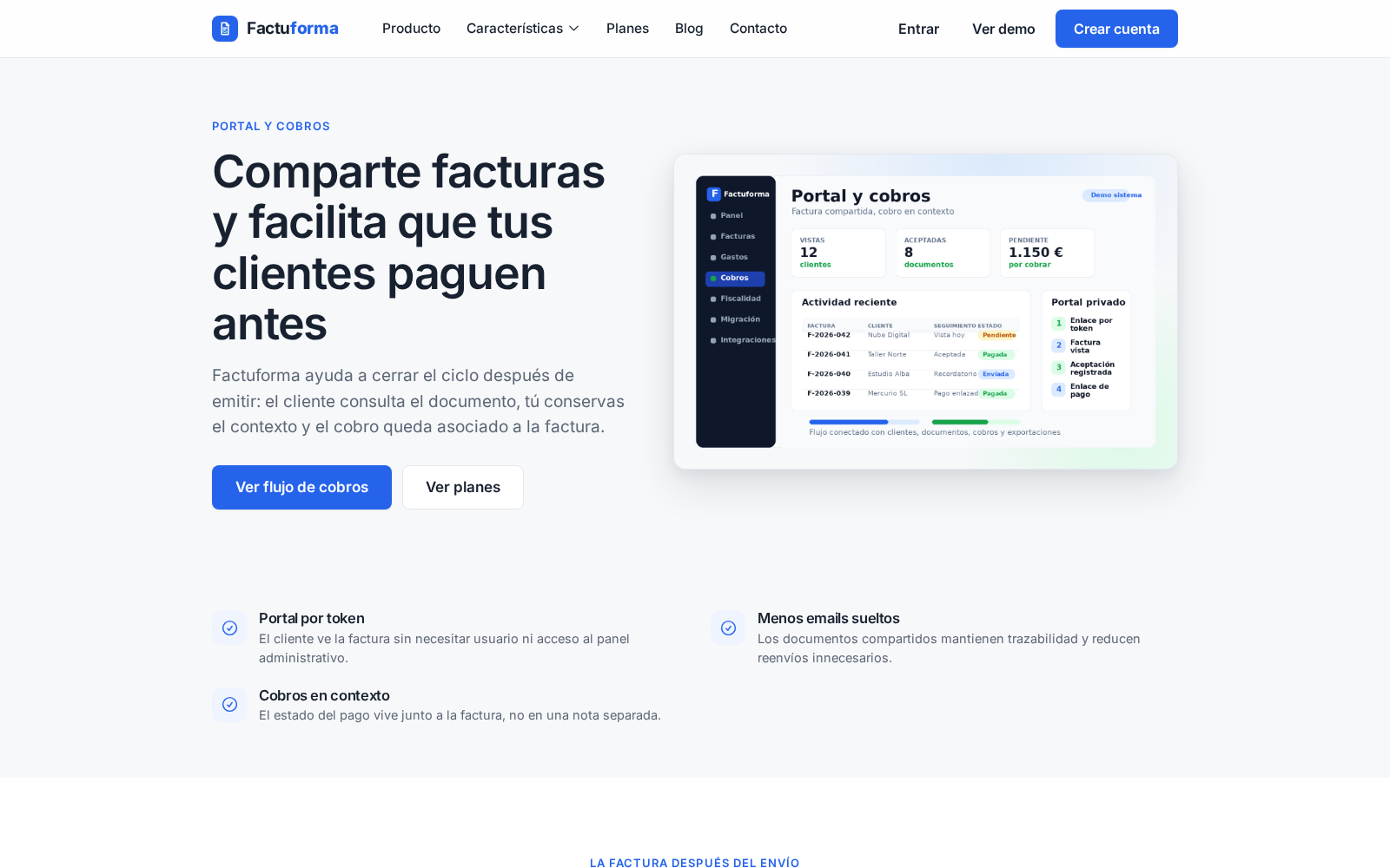 Pantalla de Factuforma para portal de cliente, aceptación, recordatorios y enlaces de pago.